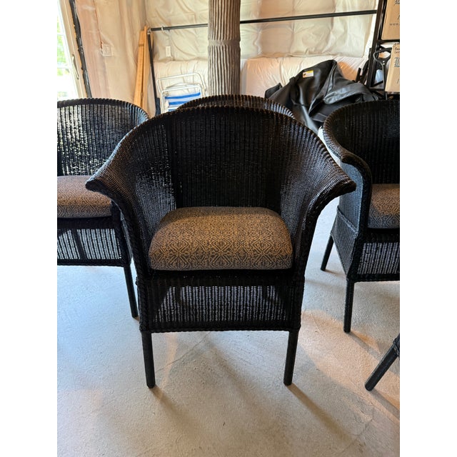 Wood Set of 5 Lamberts Black Wicker Arm Chairs With Custom Perennials Seat Cushions For Sale - Image 7 of 14