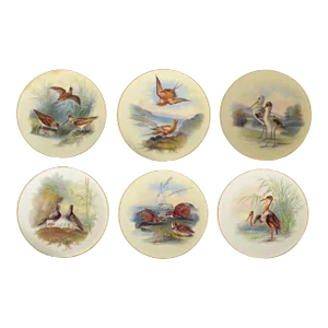 Antique English Minton Porcelain Cabinet Plates of Birds Signed by William Mussil, a Set of Six