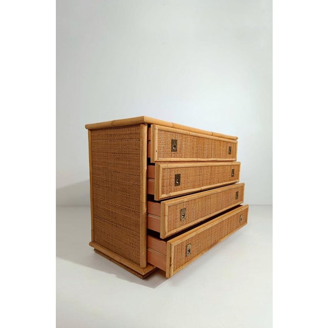 Brown Italian Chest of Drawers with Mirror in Bamboo Wicker & Brass attributed to Dal Vera, 1970s For Sale - Image 8 of 18