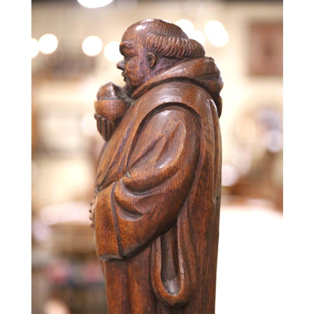 19th C. French Hand Carved Oak Monk Figure in Gothic Style Robe Holding Bowl For Sale In Dallas - Image 6 of 10