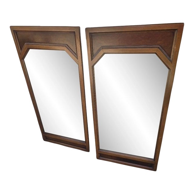 Pair of Vintage Mid Century Modern Walnut Geometric Wall Mirrors, 47" Tall For Sale