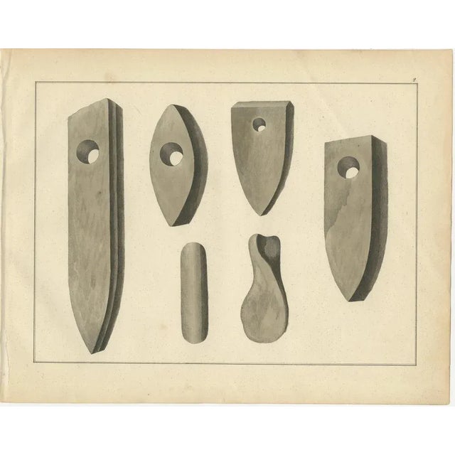 Title: 19th-Century Lithograph of Early Stone Tools from 'Der Rittersaal' Series : This unique monochromatic lithograph...