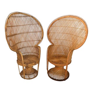 1970s Him & Her Boho Chic Handcrafted Beige & Black Wicker, Rattan, Reed Peacock Chair For Sale