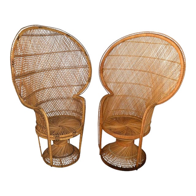 1970s Him & Her Boho Chic Handcrafted Beige & Black Wicker, Rattan, Reed Peacock Chair For Sale