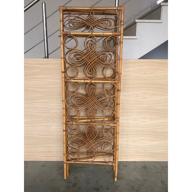 Three-Panel Bamboo Wicker Rattan Folding Screen Room Divider, France 1960s For Sale - Image 6 of 10