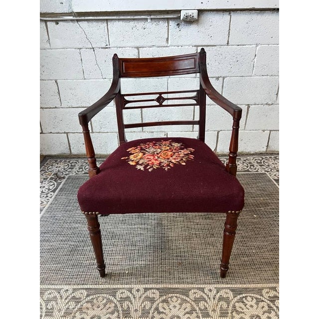 Early 20th Century Antique English Regency Mahogany Needlepoint Upholstered Seat Dining Chairs - Set of 6 For Sale - Image 16 of 17