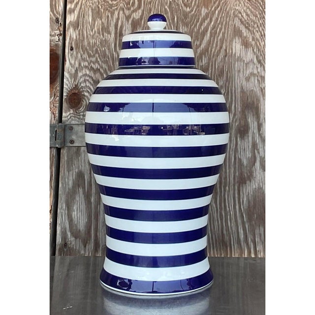 Vintage Contemporary Glazed Ceramic Striped Ginger Jar For Sale - Image 10 of 12