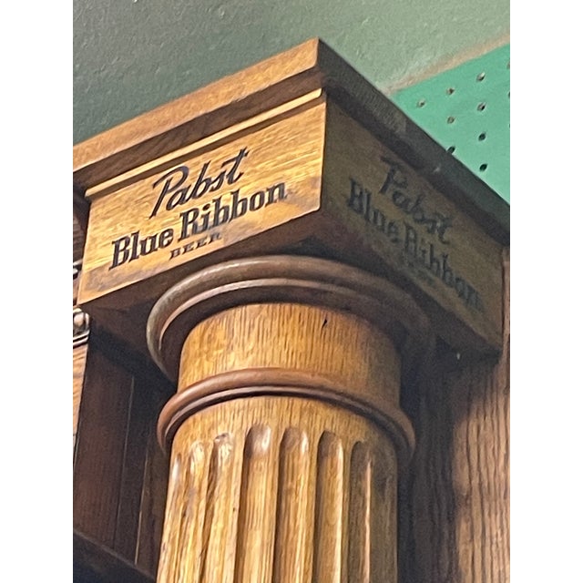 Traditional Late 1800s Renaissance Revival Solid Oak Mirrored Back Bar With Columns & Pabst Blue Ribbon Inscriptions For Sale - Image 3 of 13