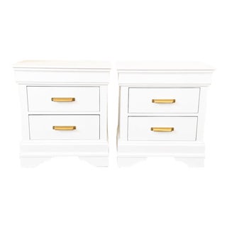 Refinished Two-Drawer Nightstands in Warm White With Brass Hardware, Pair For Sale