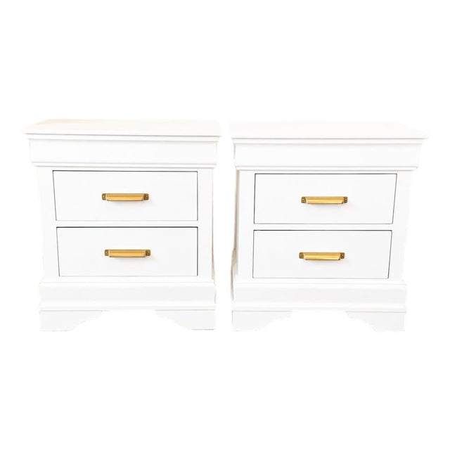 Refinished Two-Drawer Nightstands in Warm White With Brass Hardware, Pair For Sale