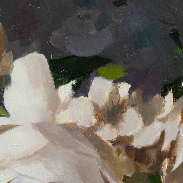 Contemporary Roses on Grey by Jon Doran | Oil on Panel White Roses in Glass Still Life For Sale In Denver - Image 6 of 10