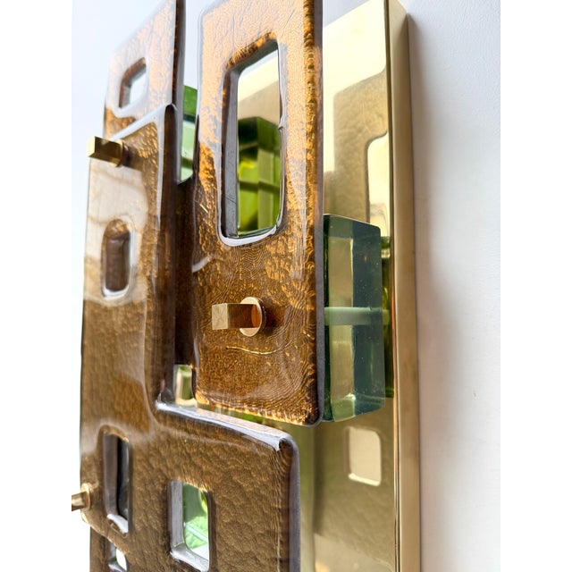 Contemporary Pair of Geometry Cola Murano Glass and Brass Sconces, Italy For Sale - Image 6 of 12