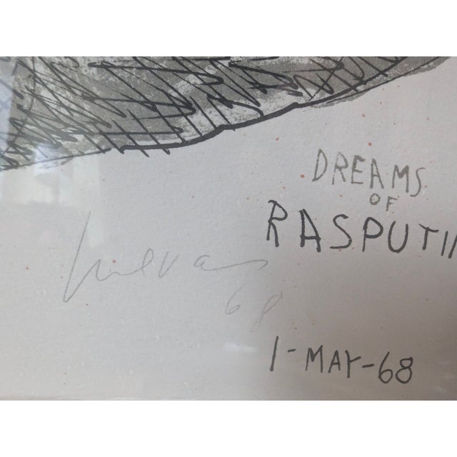 This piece features an exaggerated, expressionist illustration of Grigori Rasputin with a furrowed brow and a large,...