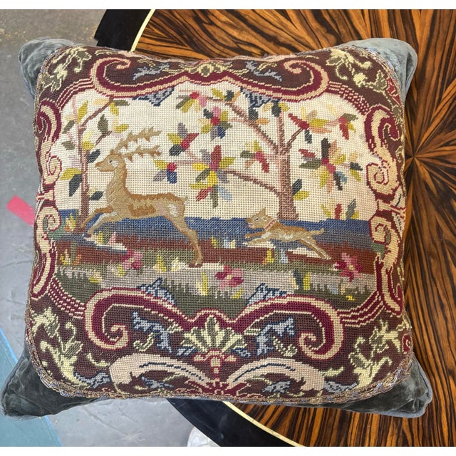 Early 19th Century Large Antique 19thc English Needlepoint Scenic Tapestry Cushion Pillow For Sale - Image 5 of 5