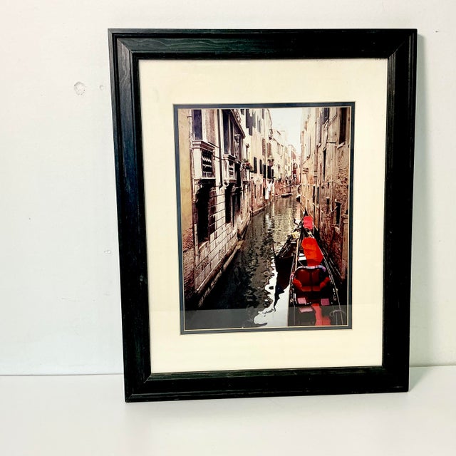 1980s Vintage Italian Boho Chic Cityscape Canal With Red Gondola at Dock Framed Photography For Sale - Image 9 of 18