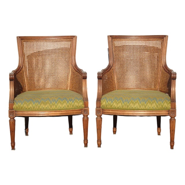 Pair of Vintage French Louis XVI Cane Bergere Green Arm Chairs For Sale