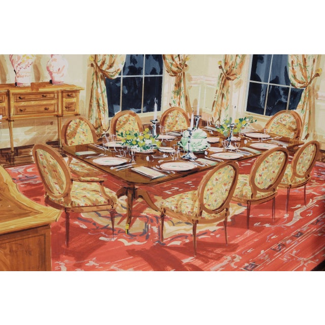 Elegant dining room scene of a River Oaks Houston, Texas home. The piece is mainly yellow and orange tones. The piece is...