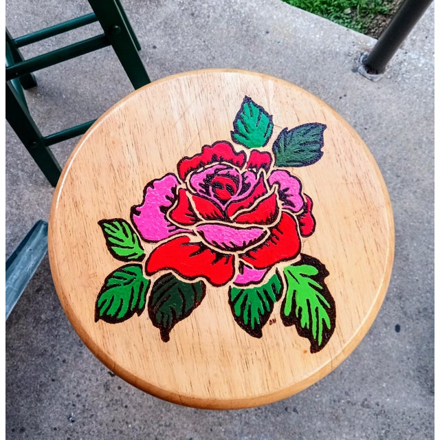 Each 24" stool features it's own unique one-of-a-kind design that I spent many hours meticulously wood burning...