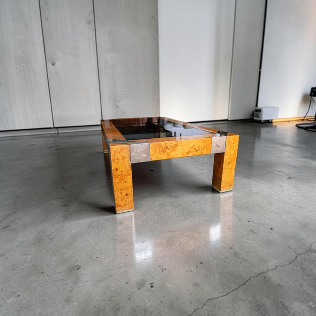 Wood 1970s Burl & Smoke Glass Coffee Table With Chrome Trim in the Style of Milo Baughman For Sale - Image 7 of 18