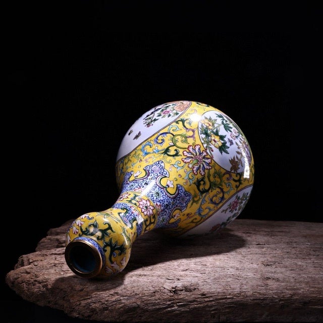 Vintage Chinese Gilt Copper Enamel "Bird & Flower" Garlic-Mouth Vase - 1180g For Sale In Los Angeles - Image 6 of 9