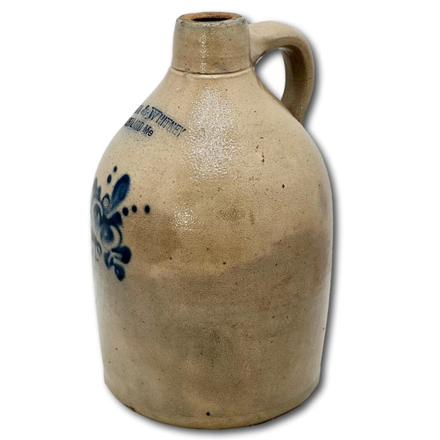 Scarce Antique American Blue Decorated Stoneware 1 Gallon Jug From Historic Portland Maine Merchant Kendal & Whitney For Sale In Boston - Image 6 of 18