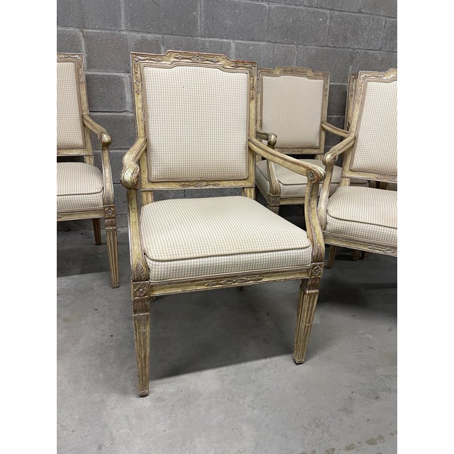 Wood Antique French Carved Fruitwood Louis XVI Style Arm Chairs - Set of 6 For Sale - Image 7 of 12