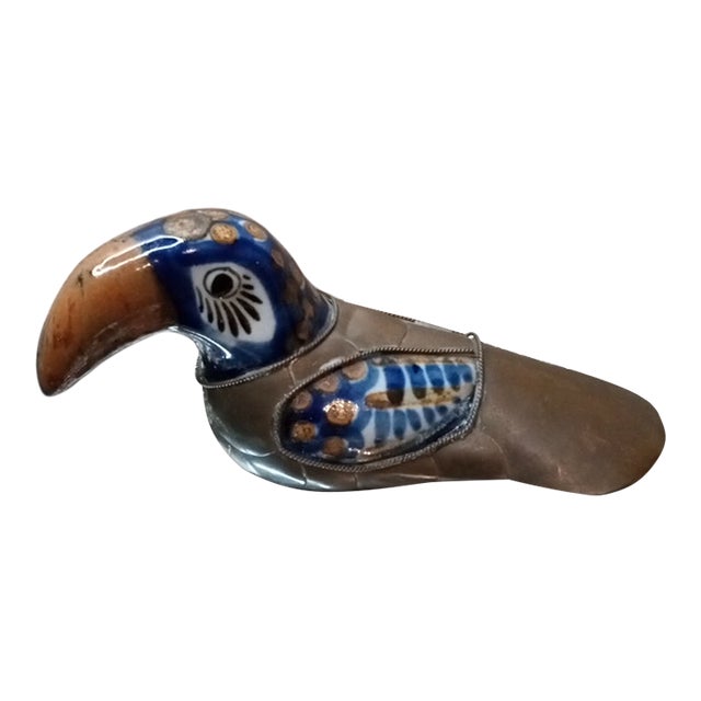 1970s Gorgeous Signed Sergio Bustamante Brass & Tonala Ceramic Toucan Figurine For Sale