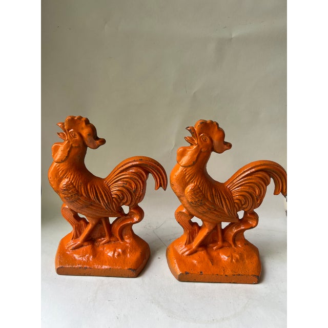 Orange Antique Metal Cast Iron Roosters Chickens Bookends- a Pair For Sale - Image 8 of 13