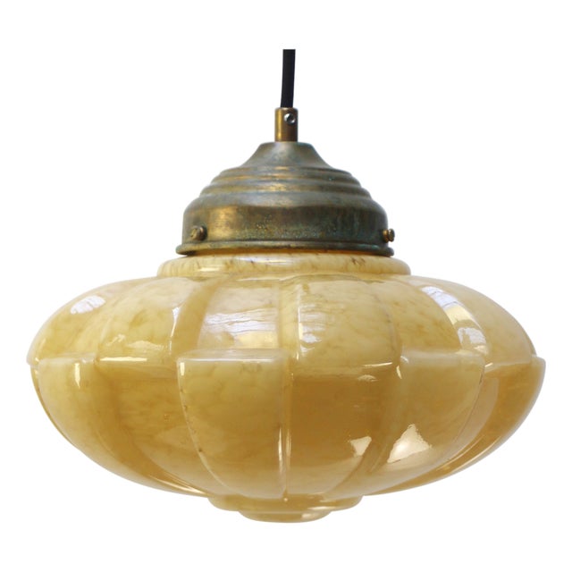 French Art Deco Yellow Reeded Clichy Glass Pendant Lamp For Sale