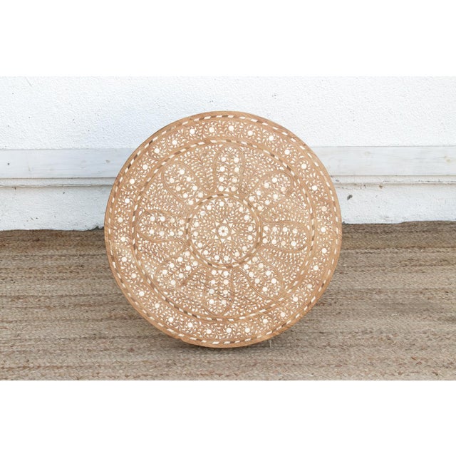 Tan Intricate Floral Design Inlay Pedestal End Table For Sale - Image 8 of 9