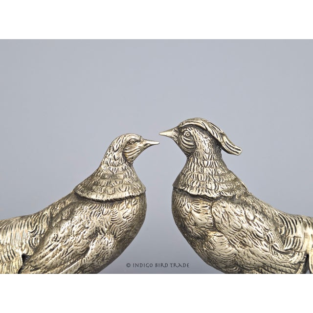 Shabby Chic 11" Pair of Antique Italian Silver Plated Pheasant Statues For Sale - Image 3 of 9