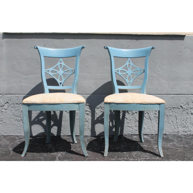 Hollywood Regency C1940's Hollywood Regency Blue Carved Wood Accent / Side Chairs a - Pair For Sale - Image 3 of 10