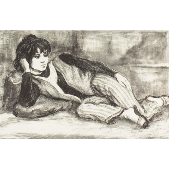 A lithograph, titled "8th St. Odalisque," by the American artist Marion Greenwood (1909-1970). This prints depicts a young...