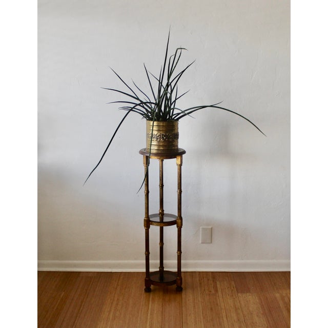Maitland Smith Style Vintage Hollywood Regency Gilded Metal Wood Smoked Glass Three Tiered Plant Stand For Sale - Image 10 of 11