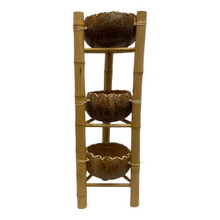 Vintage 3-Tier Coconut Bowl & Bamboo Storage Basket For Sale