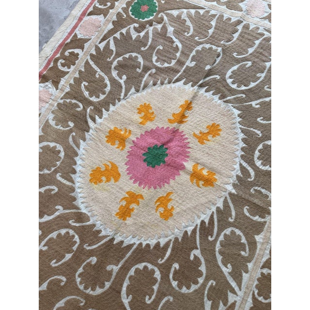 Mid-Century Modern Suzani Textile Wall Art — Neutral Tan Samarkand Embroidery, 3'10'' X 5'3'' For Sale - Image 3 of 11