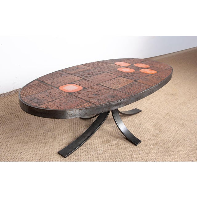 1960s Coffee Table in Lava Stone, Ceramic and Steel by Jean Jaffeux, 1960s For Sale - Image 5 of 10