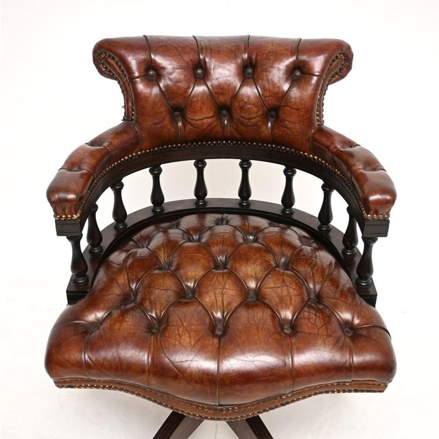 Antique Leather Swivel Captains Desk Chair, 1950s For Sale - Image 6 of 11