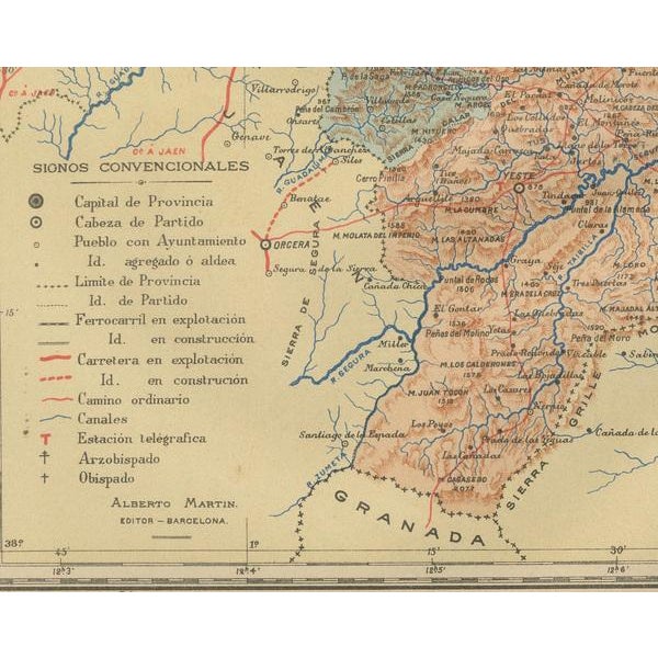 Albacete, spain - 1902: a cartographic depiction of landscape and infrastructure an original and historical map of the...