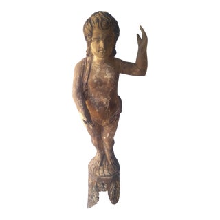 19th C. Hand Carved and Polychrome Wooden Santos Cherub Statue, 58” H For Sale