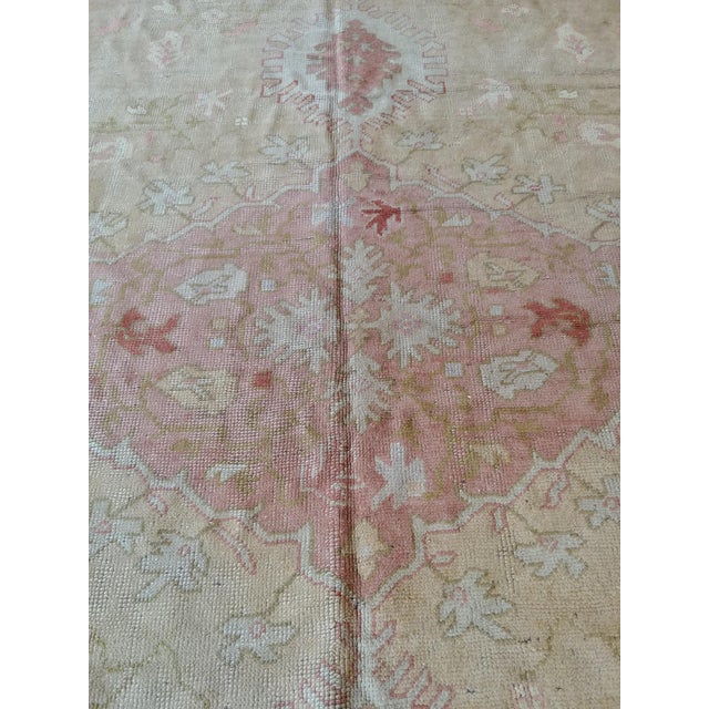 Antique Turkish Oushak Carpet, Handmade Oriental Rug, Gold, Coral, Green, Taupe For Sale In New York - Image 6 of 18