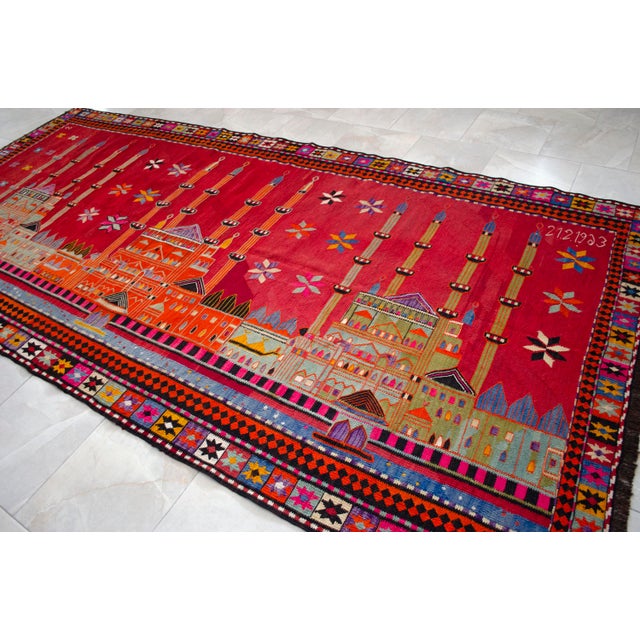 1960s Masterpiece 1963 Dated Turkish Kilim, Extra Large Pictorial Wall Tapestry, Vintage Wall Decor With Mosque Design, Rare Architectural Art For Sale - Image 5 of 15
