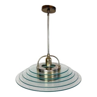 1980s Modern Brass & Glass Saucer Style Pendant For Sale