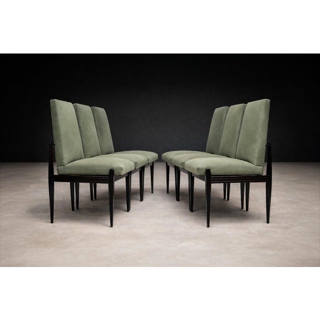 Cimo, Brazil, 1950s — Set of 8 Dining Chairs in Hardwood With Dusty Olive Mohair & Jacarandá Backs (2 Armchairs + 6 Side Chairs) For Sale - Image 11 of 16
