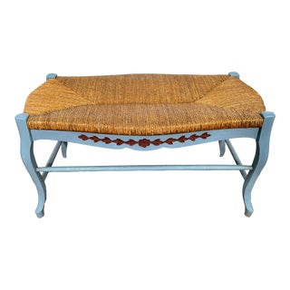 Mid 20th Century Blue French Country Rush Bench For Sale