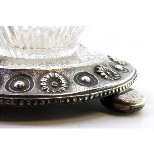 Glass Liqueur Set on Silver Frame with Embossed Floral Motifs and Round Feet, Set of 3 For Sale - Image 4 of 7