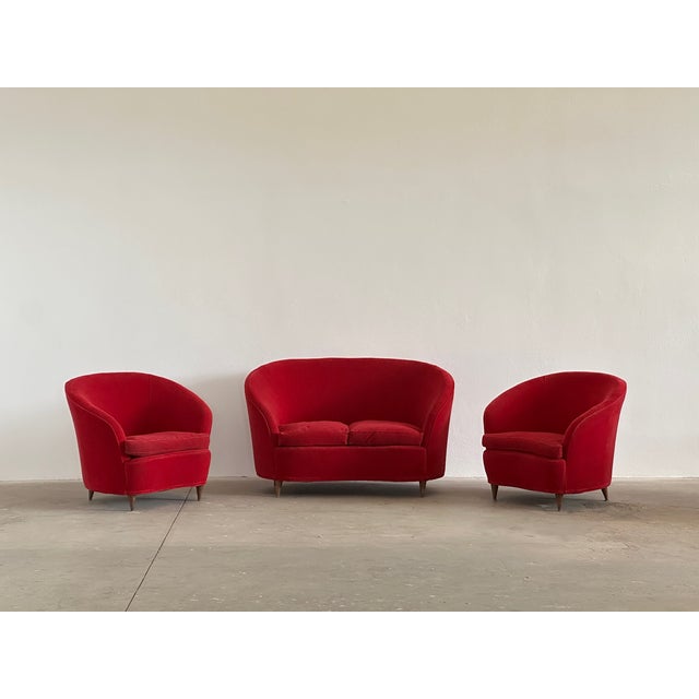 Red Sofa and Armchairs with Wooden Feet, 1950s, Set of 3 For Sale - Image 8 of 14