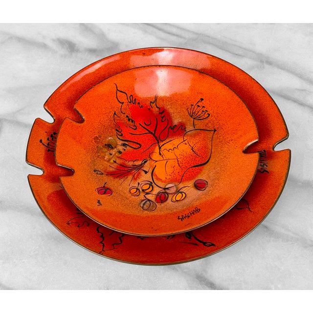 Mid 20th Century Mid-Century Abstract Copper & Orange Enamel Foliage Nesting Bowls - a Pair For Sale - Image 5 of 9