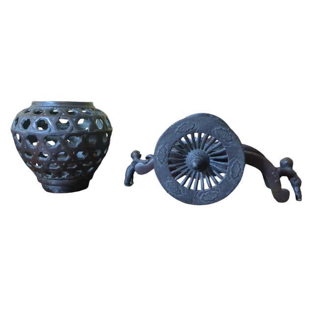 Vintage Japanese Cast Iron Planter on Wheeled Cart For Sale - Image 4 of 10