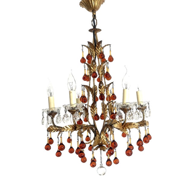Antique Gilded Metal Murano Glass Drop Chandelier from Made Murano Glass, 1930s For Sale